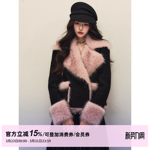 双排扣短款 撞色粉毛毛翻领麂皮外套女冬季 皮毛一体大衣 STUDIO