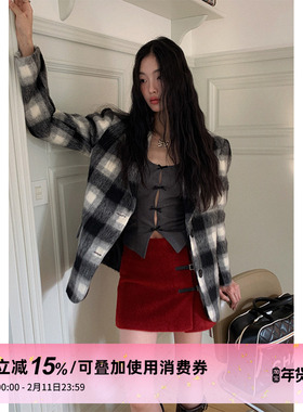 1P STUDIO 灰色毛呢挂脖长毛呢黑白格纹西装外套红色毛呢短裙套装