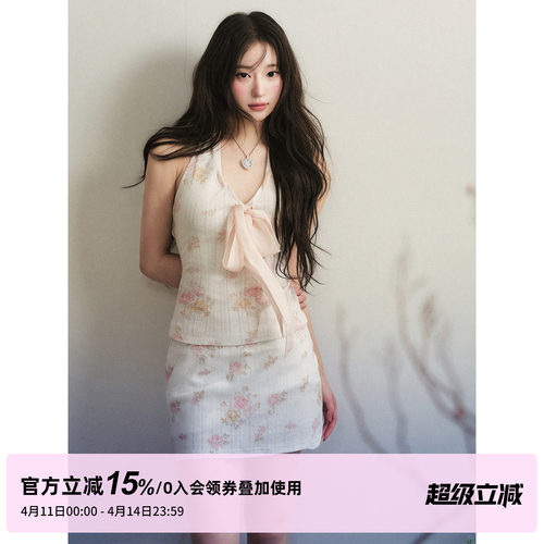 1P STUDIO 复古玫瑰印花无袖挂脖上衣女春夏季立体蝴蝶结针织背心