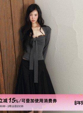 1P STUDIO 深花灰貂毛拼接蝴蝶结抹胸上衣长袖针织坎肩外套两件套