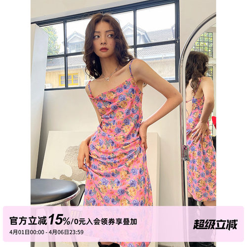 1P STUDIO原创设计 复古女郎大露背吊带裙女春夏一字领无袖连衣裙