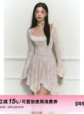 1P STUDIO原创设计 米色蕾丝花边方领连衣裙女秋冬不规则长袖裙子