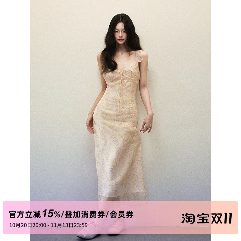 1P STUDIO 淡紫碎花雪纺小飞袖连衣裙女秋装修身收腰包臀V领短裙