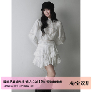 1P STUDIO 纯棉镂空绣花灯笼袖衬衫多层不规则荷叶边半裙两件套装