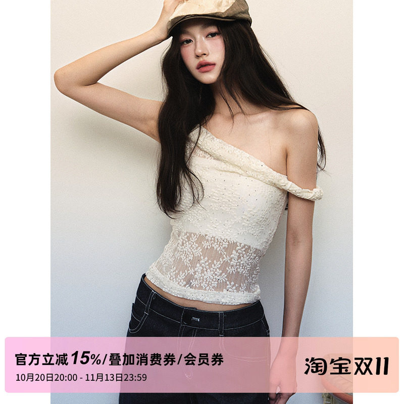 1P STUDIO 米白色蕾丝提花吊带上衣女春装斜肩扭结背心 自带抹胸