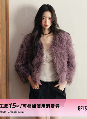 1P STUDIO 紫色V领仿皮草毛毛外套女冬季保暖卷毛环保皮草短外套