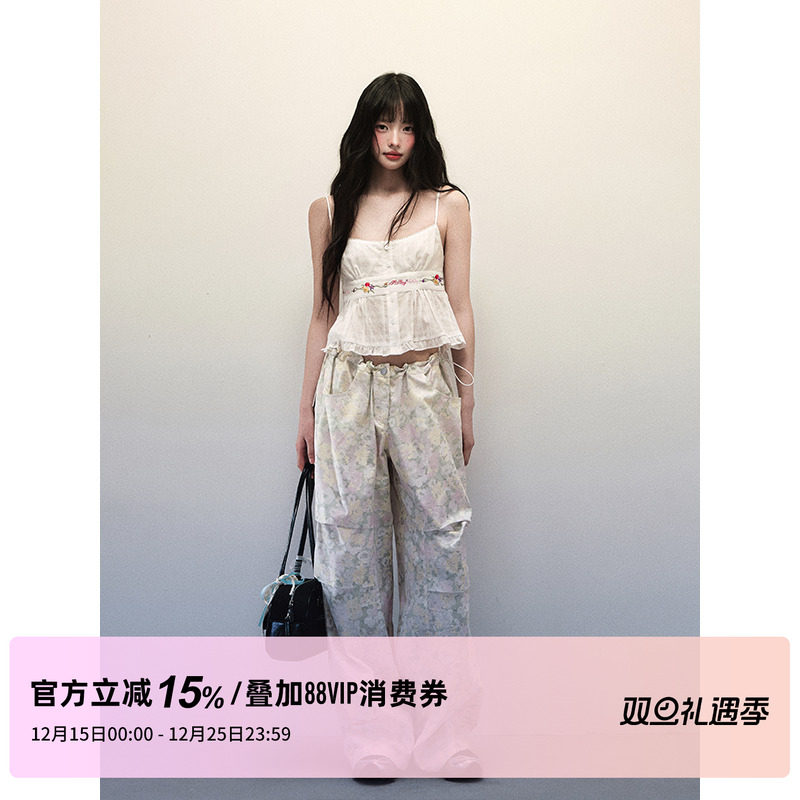 1P STUDIO 淡绿碎花抽绳直筒工装裤女秋冬设计感宽松休闲阔腿长裤