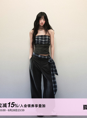 1P STUDIO 格纹拼接辣妹套装女夏季抹胸上衣宽松系带阔腿裤两件套