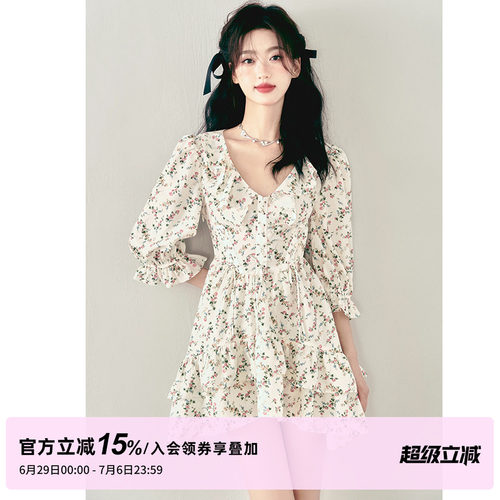 夏日感碎花绑带连衣裙