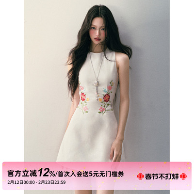 1P STUDIO 白色亚麻棉花朵绣花无袖连衣裙女秋冬圆领收腰背心短裙