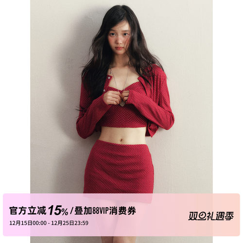 1P STUDIO 红色波点修身针织套装女秋冬季短款开衫吊带短裙三件套