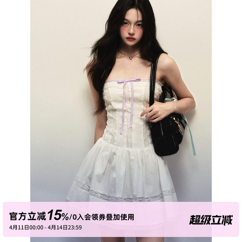 1P STUDIO 白色纯棉蕾丝花边吊带连衣裙女春夏蝴蝶结收腰无袖短裙