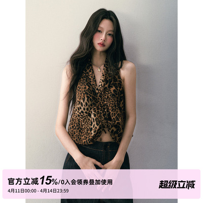 1P STUDIO 热辣豹纹印花V领挂脖上衣女夏季不规则纽结设计露背心