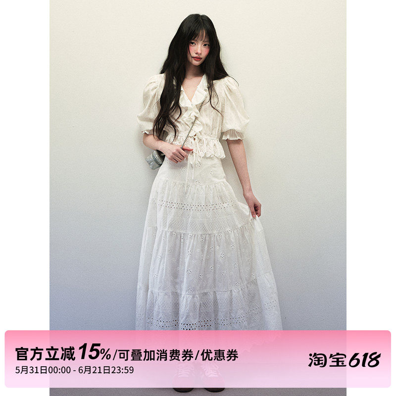 1P STUDIO 白色肌理短款泡泡袖衬衫女夏季镂空刺绣半身裙两件套装