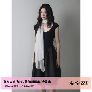 1P STUDIO 针织拼接面料U领连衣裙女秋季不规则下摆收腰短袖中裙