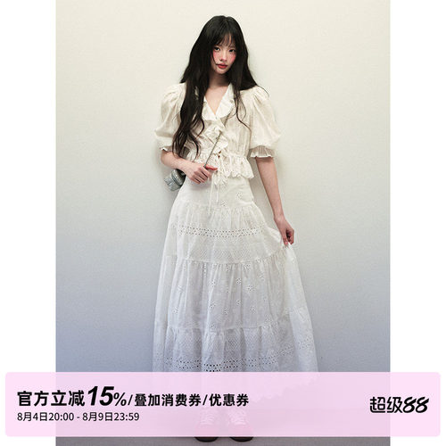 1P STUDIO 白色肌理短款泡泡袖衬衫女夏季镂空刺绣半身裙两件套装