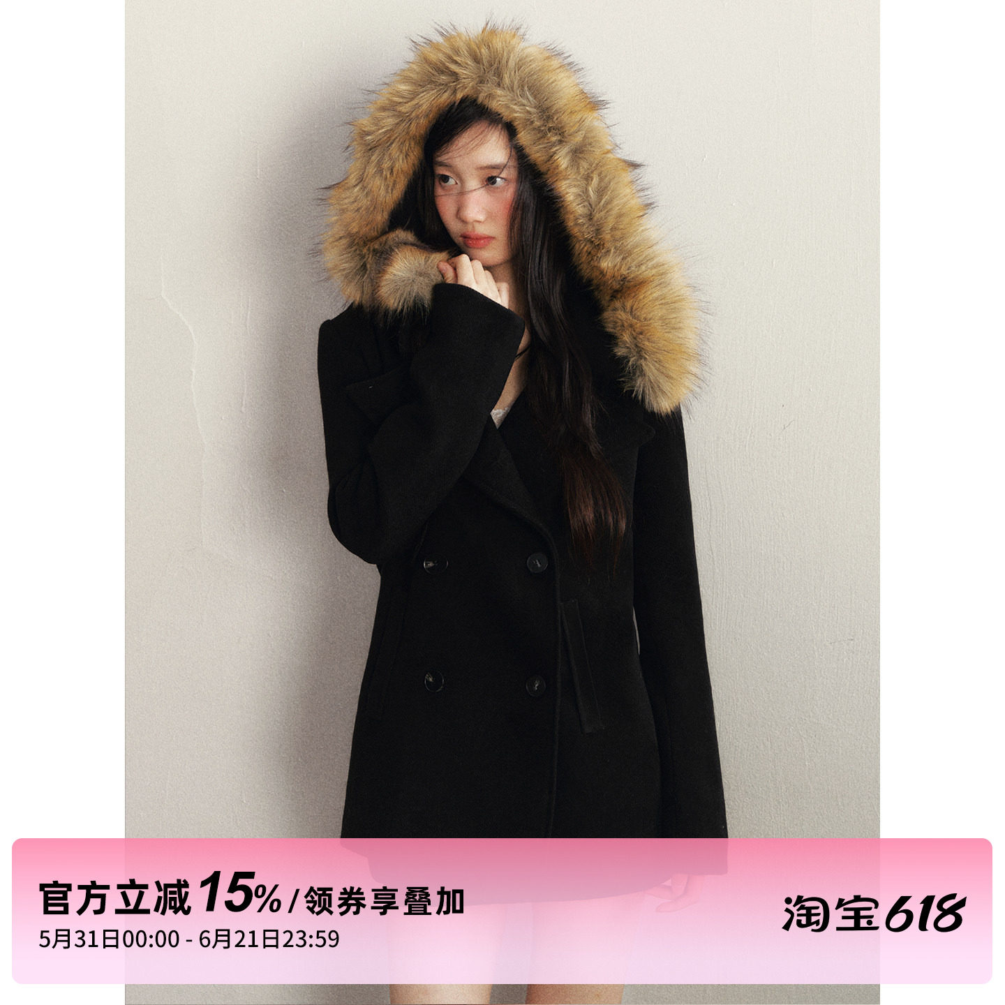 1P STUDIO 仿貂毛毛领连帽短款毛呢外套女冬季双排扣修身呢子大衣