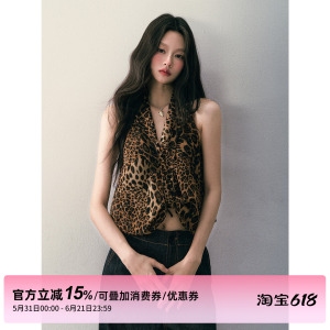 【白鹿同款】1P STUDIO 性感豹纹V领挂脖上衣女夏不规则纽结背心