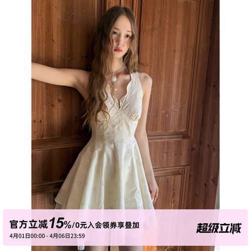 1P STUDIO 米杏色花朵镂空刺绣V领连衣裙女秋冬收腰伞裙无袖短裙