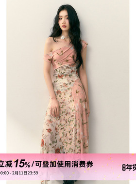 1P STUDIO 赵昭仪同款 斜肩拼接碎花连衣裙女秋冬收腰无袖长裙子