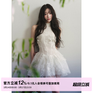 1P STUDIO 白色蕾丝花朵挖肩无袖连衣裙女春夏季高领收腰蓬蓬短裙