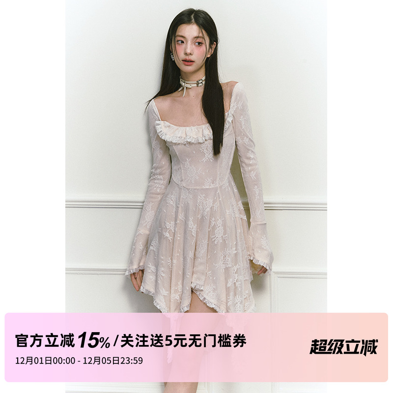 1P STUDIO原创设计 米色蕾丝花边方领连衣裙女秋冬不规则长袖裙子