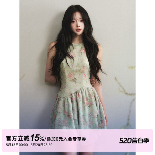 1P STUDIO 淡绿色雪纺印花无袖连衣裙女夏季不规则下摆收腰背心裙