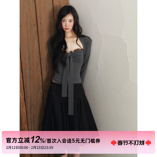 1P STUDIO 深花灰貂毛拼接蝴蝶结抹胸上衣长袖针织坎肩外套两件套