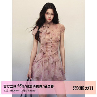 1P STUDIO 玫瑰印花晕染蝴蝶结系带雪纺上衣A字短裙两件套装裙秋