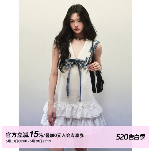 1P STUDIO 白色海军领系带无袖连衣裙女夏季双层荷叶边宽松A字裙