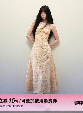 1P STUDIO 明黄色肌理碎花吊带连衣裙女秋冬收腰系带大裙摆长裙子