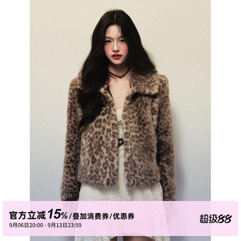 1P STUDIO 千禧感Y2K 豹纹仿皮草短款外套女秋冬大翻领宽松厚外套