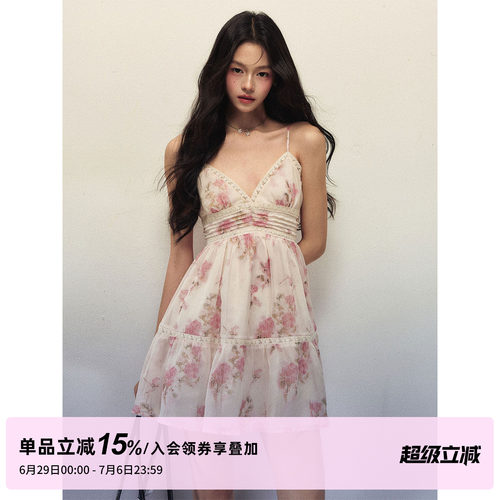 1P STUDIO 打揽蕾丝拼接V领吊带裙女夏季收腰显瘦无袖碎花连衣裙
