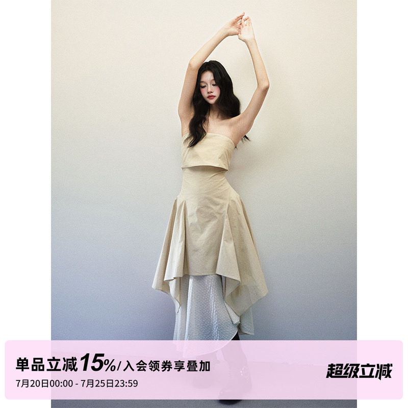 1P STUDIO 翻折双层抹胸连衣裙女秋装新款不规则拼接下摆收腰长裙