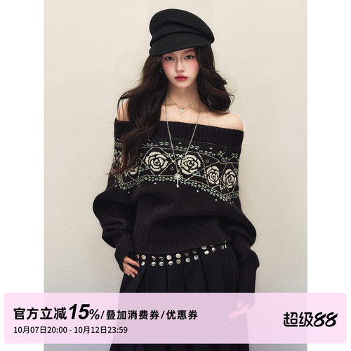 1P STUDIO 黑色玫瑰提花一字肩宽松毛衣女秋装季氛围感针织衫上衣
