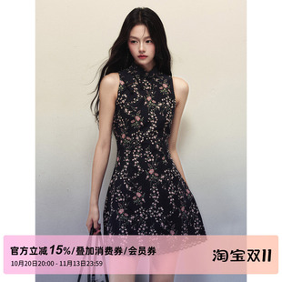 1P STUDIO 新中式盘扣立领碎花连衣裙女秋收腰花边无袖改良旗袍裙
