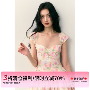 彩色碎花包袖 3折秒杀 限时清仓 收腰低胸连衣裙短裙 STUDIO