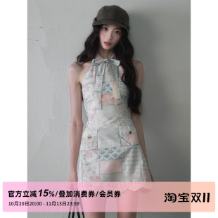 1P STUDIO 田园风拼色挂脖连衣裙女秋装蝴蝶结系带花边无袖短裙子