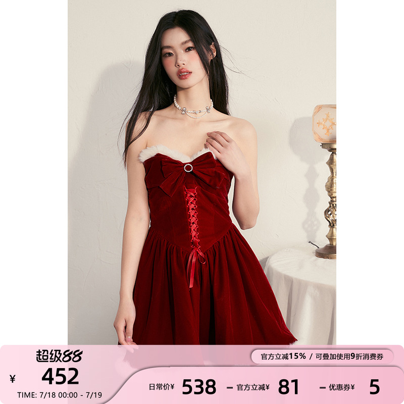 红色丝绒圣诞裙蝴蝶结抹胸连衣裙