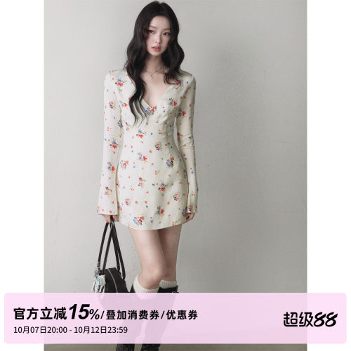 1PSTUDIO 复古彩色小碎花V领连衣裙女秋季喇叭长袖收腰A字短裙子