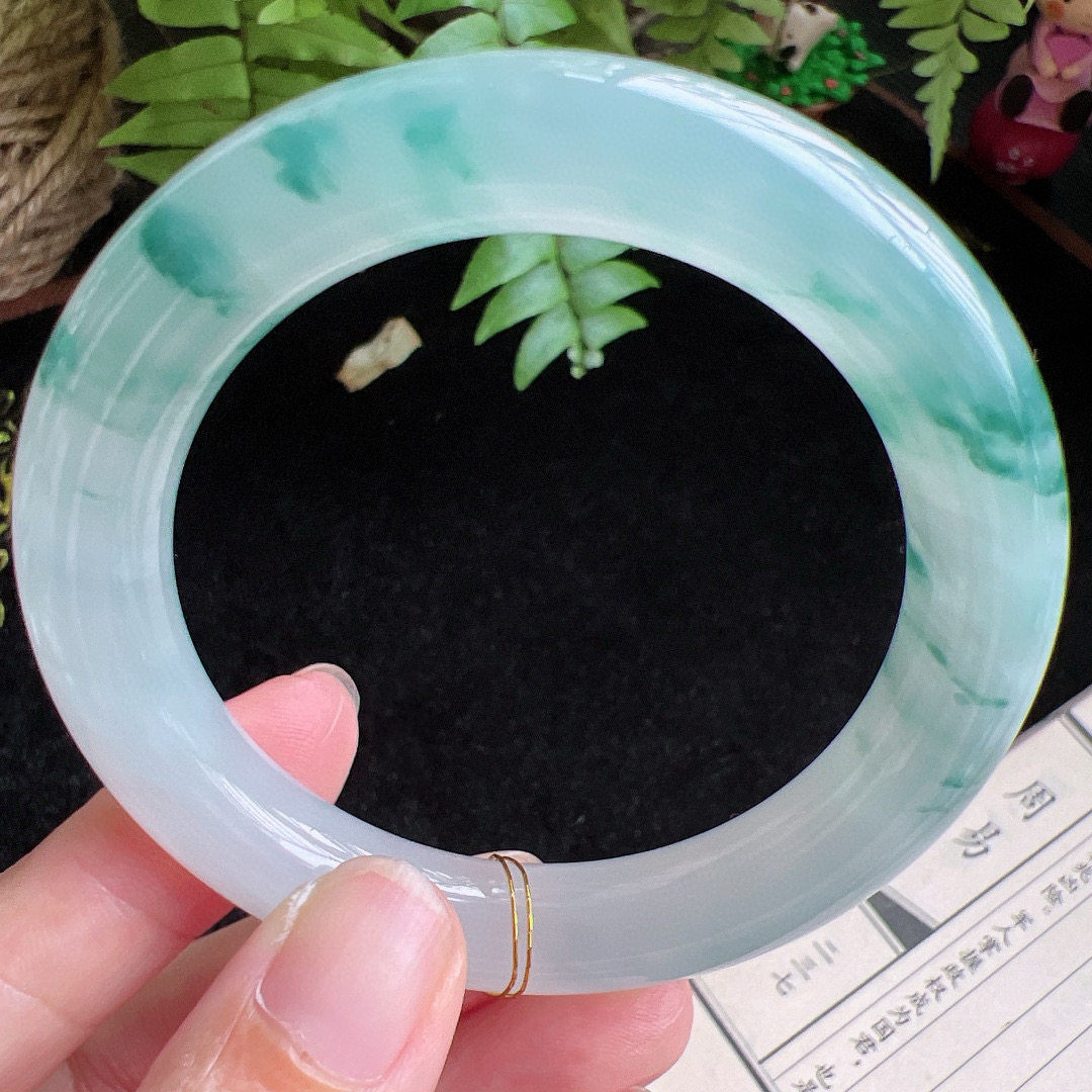 圆条53圈口缅甸天然A货老坑种玉镯平洲翡翠手镯精选编号065D0413E