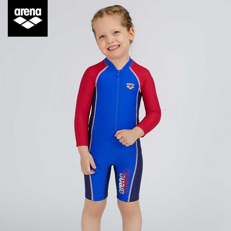 arena儿童连体长袖平角泳衣男女孩 速干保守防晒中大童新款游泳装