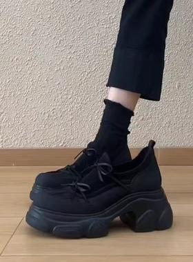 复古蝴蝶结透气厚底乐福鞋女小个子内增高7cn休闲运动舒适单鞋