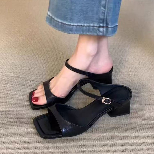 粗跟方头露趾一字凉拖鞋女