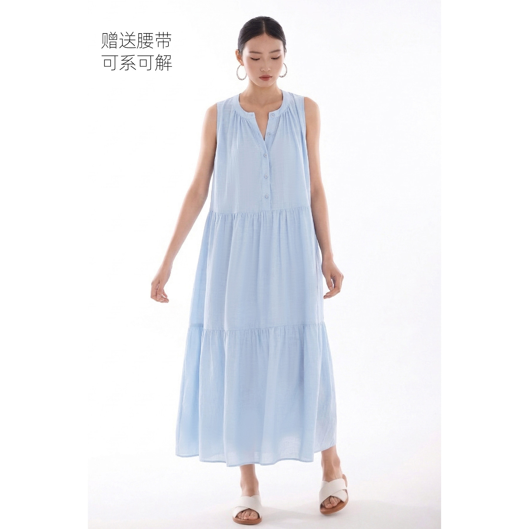 连衣裙子女夏早春新款多巴胺蓝色无袖蛋糕裙特别漂亮海边宽松长裙