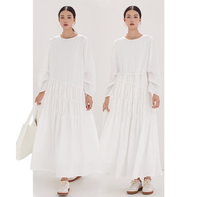 CR白色斯马克打揽长裙长袖连衣裙