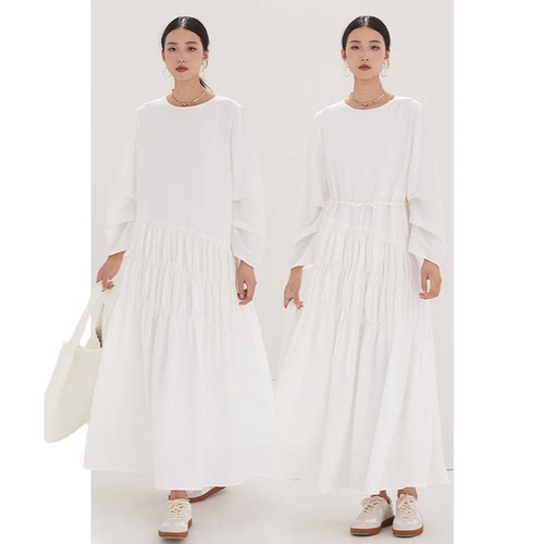 CR白色斯马克打揽长裙长袖连衣裙