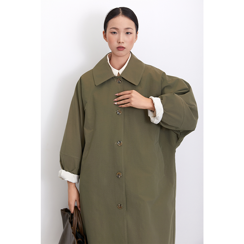 CR宽松休闲茧型纸感长款风衣外套