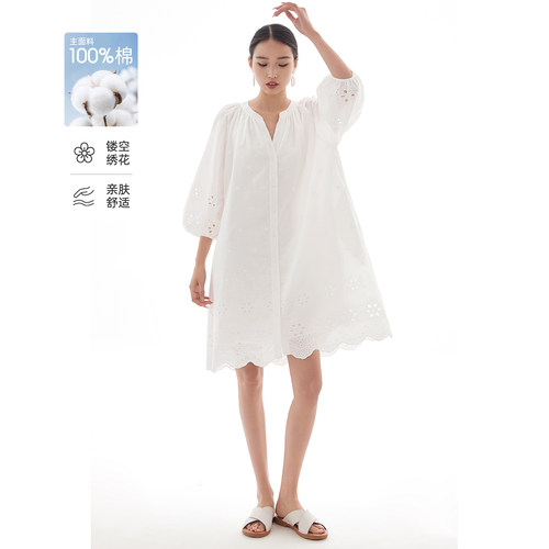 100%棉CR连衣裙白色镂空刺绣短裙