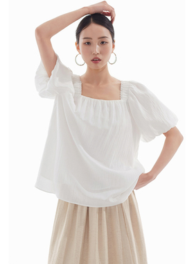 CR白色泡泡袖衬衫女夏季新款宽松短袖上衣独特小众设计感娃娃衫
